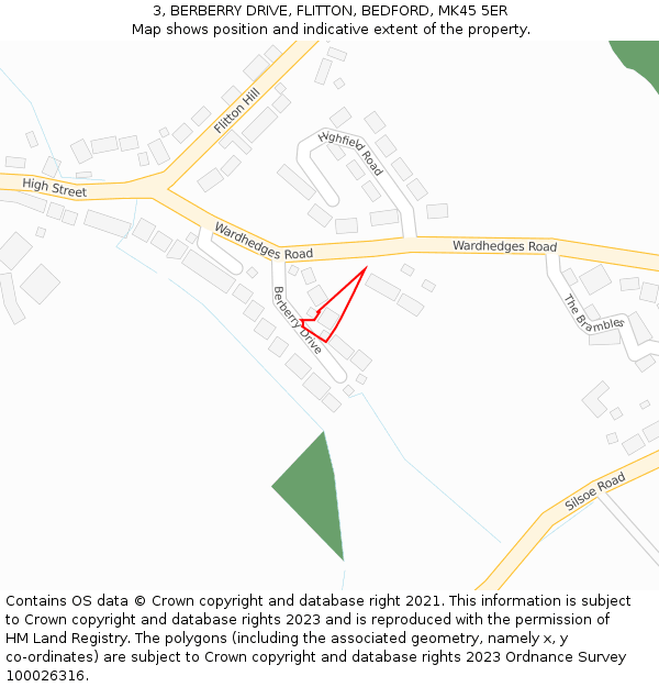 3, BERBERRY DRIVE, FLITTON, BEDFORD, MK45 5ER: Location map and indicative extent of plot