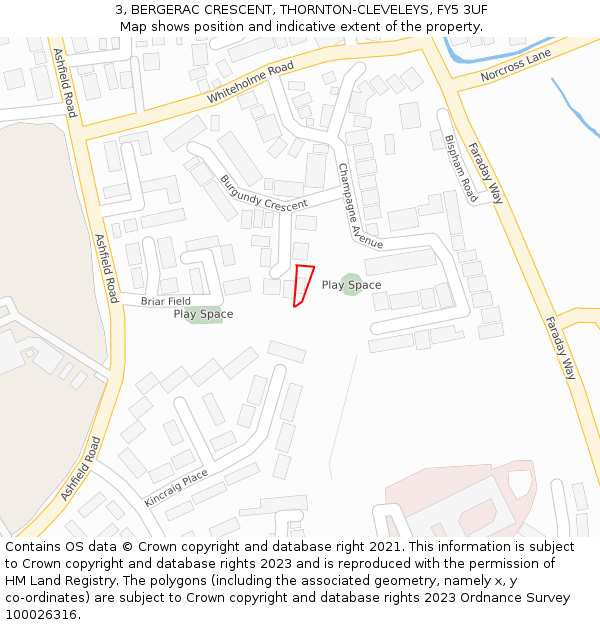 3, BERGERAC CRESCENT, THORNTON-CLEVELEYS, FY5 3UF: Location map and indicative extent of plot