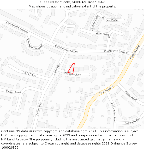 3, BERKELEY CLOSE, FAREHAM, PO14 3NW: Location map and indicative extent of plot