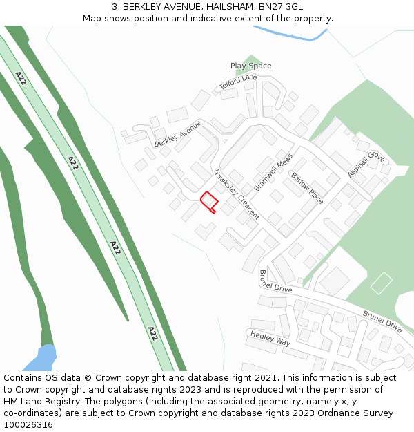 3, BERKLEY AVENUE, HAILSHAM, BN27 3GL: Location map and indicative extent of plot