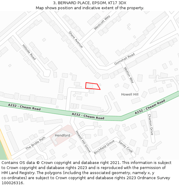 3, BERNARD PLACE, EPSOM, KT17 3DX: Location map and indicative extent of plot