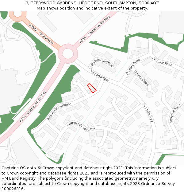 3, BERRYWOOD GARDENS, HEDGE END, SOUTHAMPTON, SO30 4QZ: Location map and indicative extent of plot