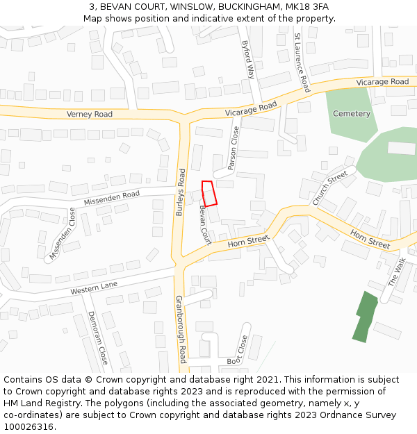 3, BEVAN COURT, WINSLOW, BUCKINGHAM, MK18 3FA: Location map and indicative extent of plot