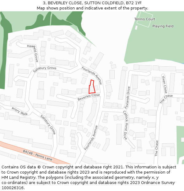 3, BEVERLEY CLOSE, SUTTON COLDFIELD, B72 1YF: Location map and indicative extent of plot