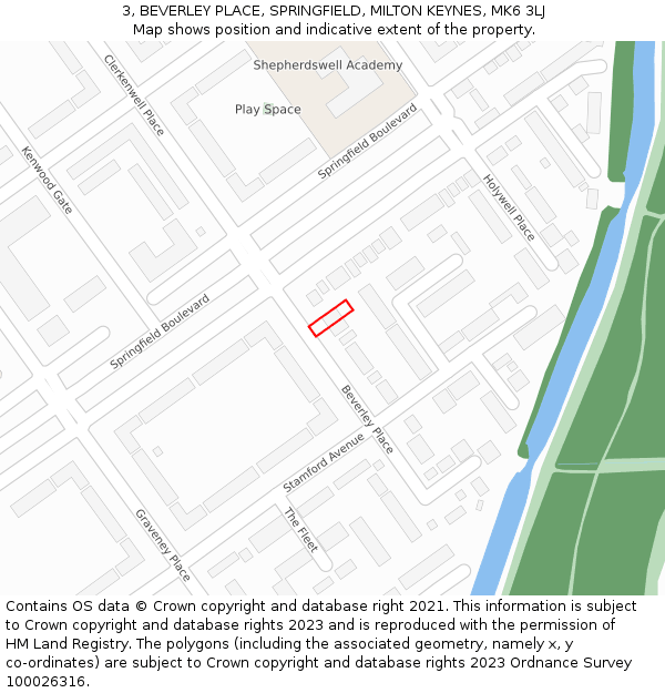 3, BEVERLEY PLACE, SPRINGFIELD, MILTON KEYNES, MK6 3LJ: Location map and indicative extent of plot