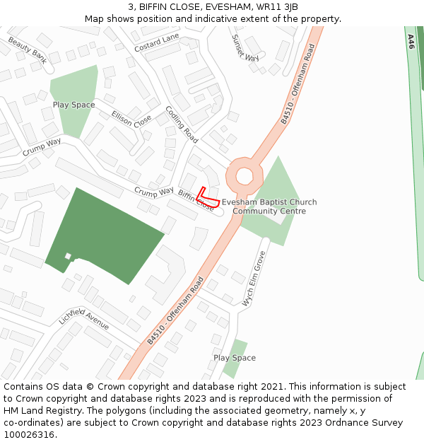 3, BIFFIN CLOSE, EVESHAM, WR11 3JB: Location map and indicative extent of plot