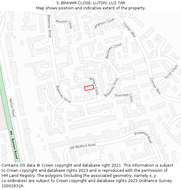 3, BINHAM CLOSE, LUTON, LU2 7AR: Location map and indicative extent of plot