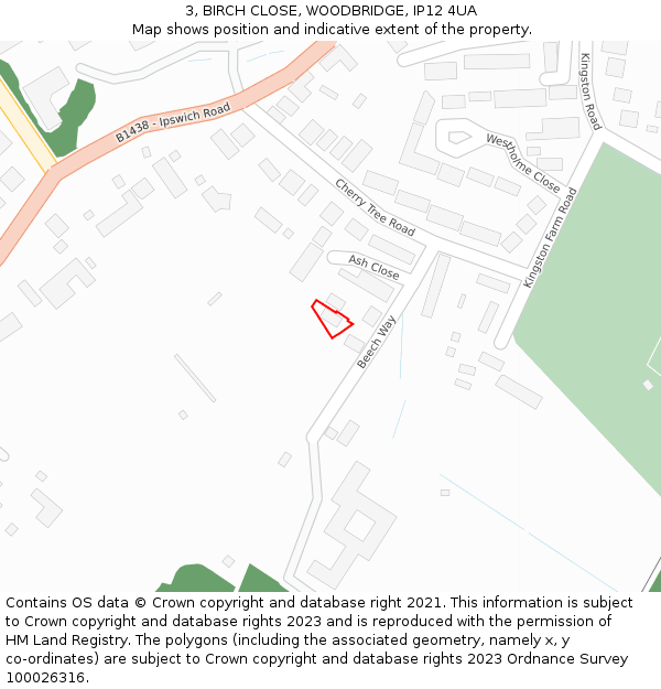 3, BIRCH CLOSE, WOODBRIDGE, IP12 4UA: Location map and indicative extent of plot