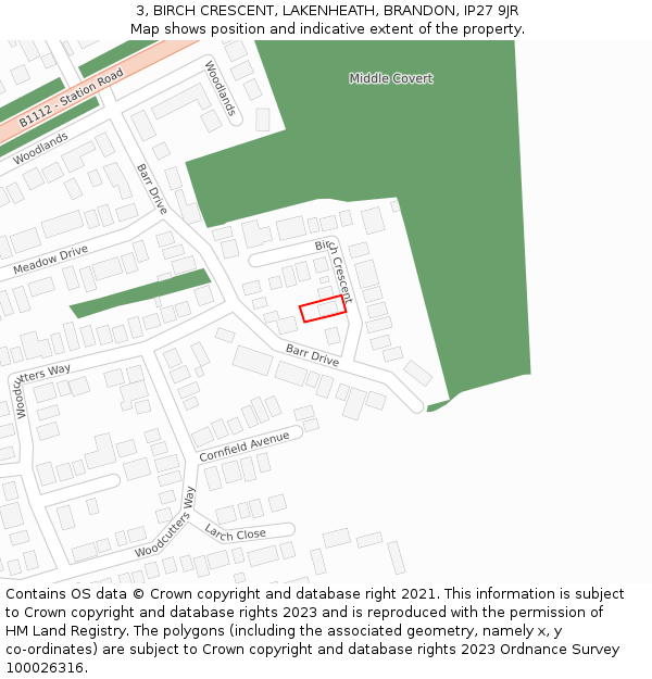 3, BIRCH CRESCENT, LAKENHEATH, BRANDON, IP27 9JR: Location map and indicative extent of plot