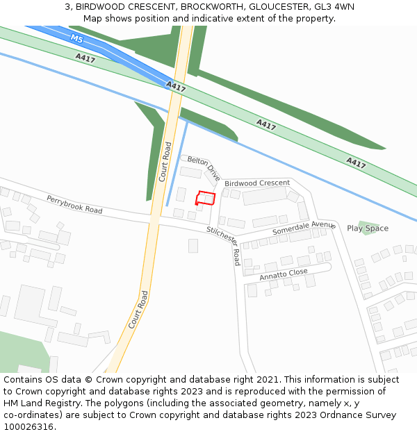 3, BIRDWOOD CRESCENT, BROCKWORTH, GLOUCESTER, GL3 4WN: Location map and indicative extent of plot