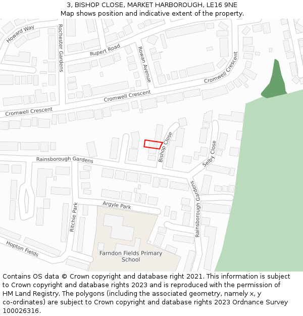3, BISHOP CLOSE, MARKET HARBOROUGH, LE16 9NE: Location map and indicative extent of plot