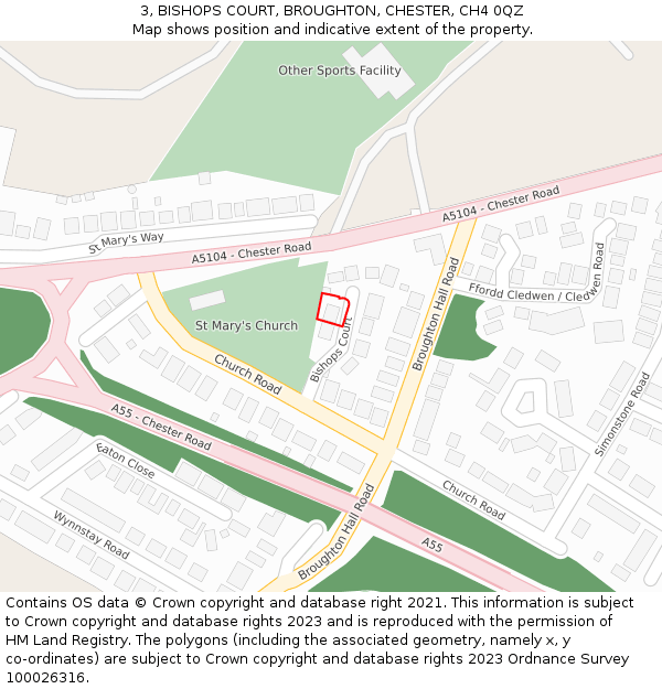 3, BISHOPS COURT, BROUGHTON, CHESTER, CH4 0QZ: Location map and indicative extent of plot