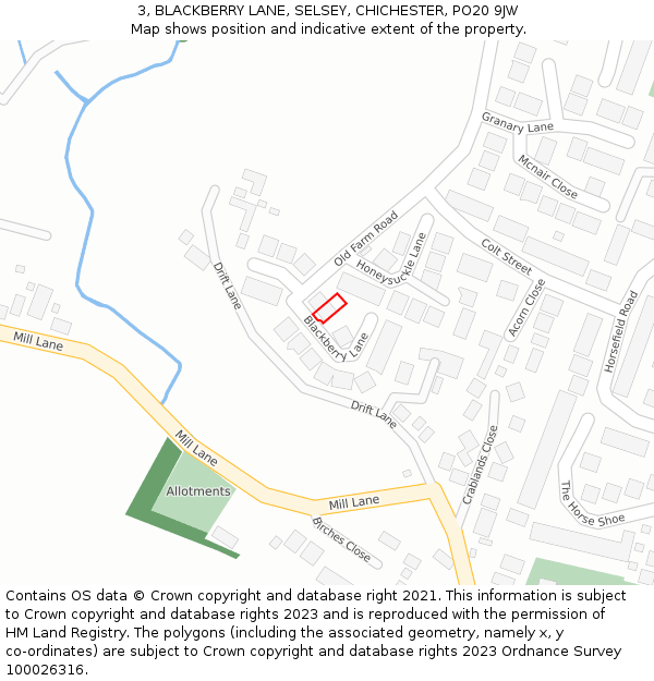 3, BLACKBERRY LANE, SELSEY, CHICHESTER, PO20 9JW: Location map and indicative extent of plot