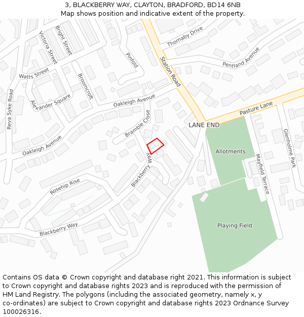 3, BLACKBERRY WAY, CLAYTON, BRADFORD, BD14 6NB: Location map and indicative extent of plot