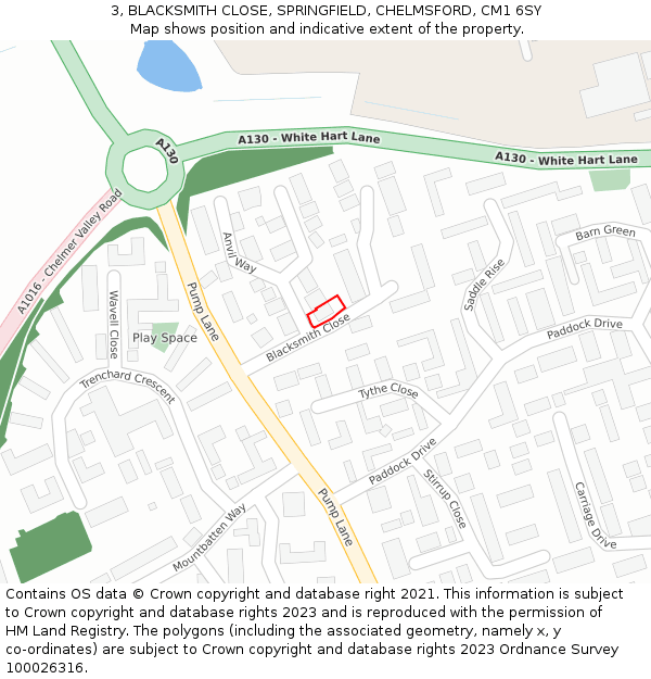 3, BLACKSMITH CLOSE, SPRINGFIELD, CHELMSFORD, CM1 6SY: Location map and indicative extent of plot