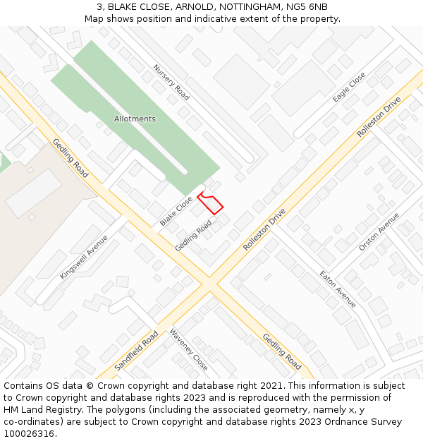 3, BLAKE CLOSE, ARNOLD, NOTTINGHAM, NG5 6NB: Location map and indicative extent of plot