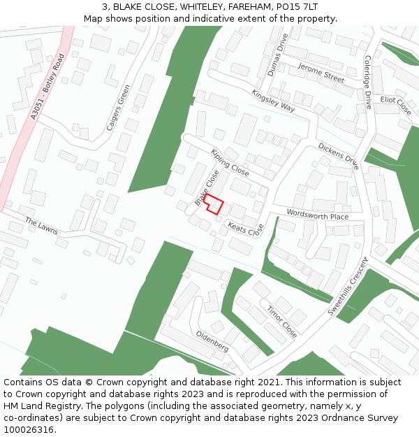 3, BLAKE CLOSE, WHITELEY, FAREHAM, PO15 7LT: Location map and indicative extent of plot