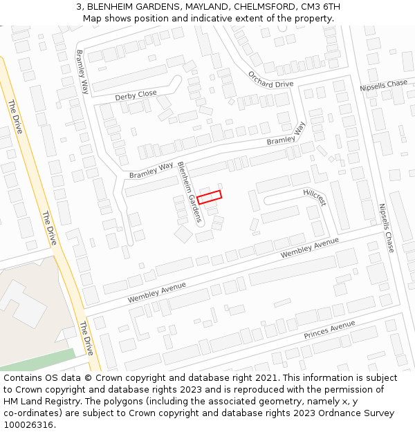 3, BLENHEIM GARDENS, MAYLAND, CHELMSFORD, CM3 6TH: Location map and indicative extent of plot