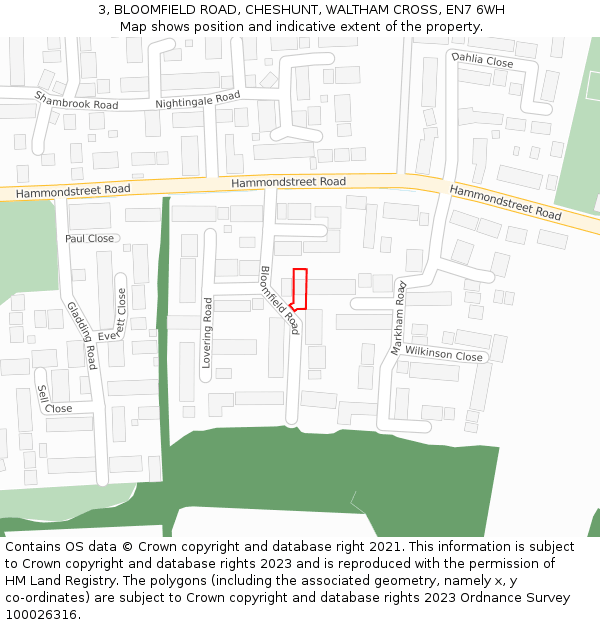 3, BLOOMFIELD ROAD, CHESHUNT, WALTHAM CROSS, EN7 6WH: Location map and indicative extent of plot