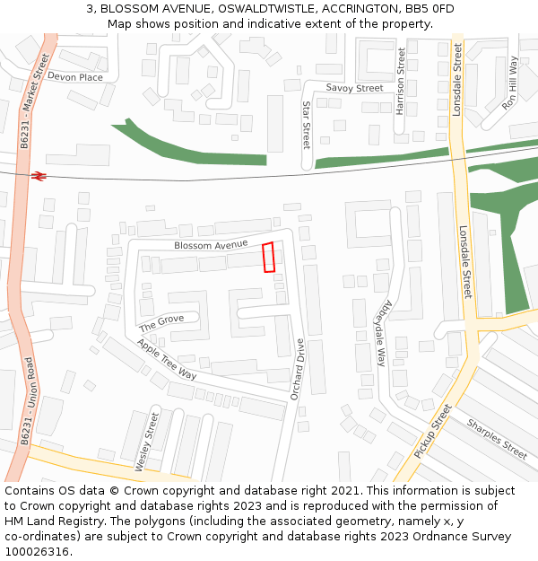 3, BLOSSOM AVENUE, OSWALDTWISTLE, ACCRINGTON, BB5 0FD: Location map and indicative extent of plot