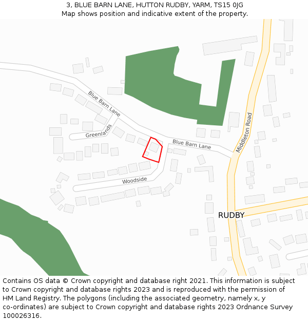 3, BLUE BARN LANE, HUTTON RUDBY, YARM, TS15 0JG: Location map and indicative extent of plot