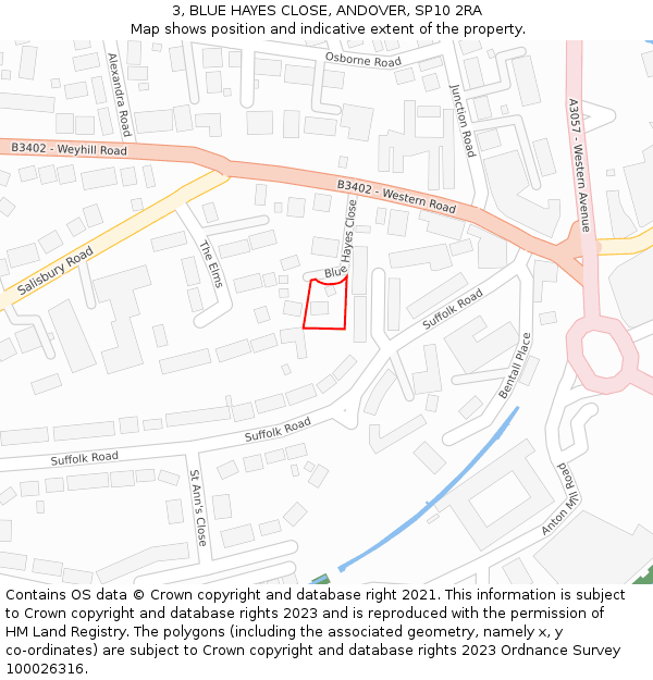 3, BLUE HAYES CLOSE, ANDOVER, SP10 2RA: Location map and indicative extent of plot