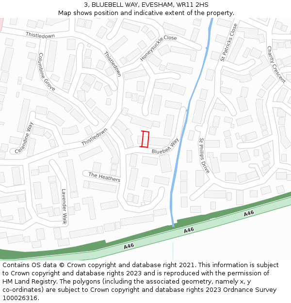 3, BLUEBELL WAY, EVESHAM, WR11 2HS: Location map and indicative extent of plot