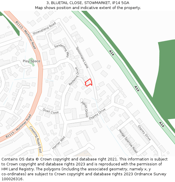 3, BLUETAIL CLOSE, STOWMARKET, IP14 5GA: Location map and indicative extent of plot