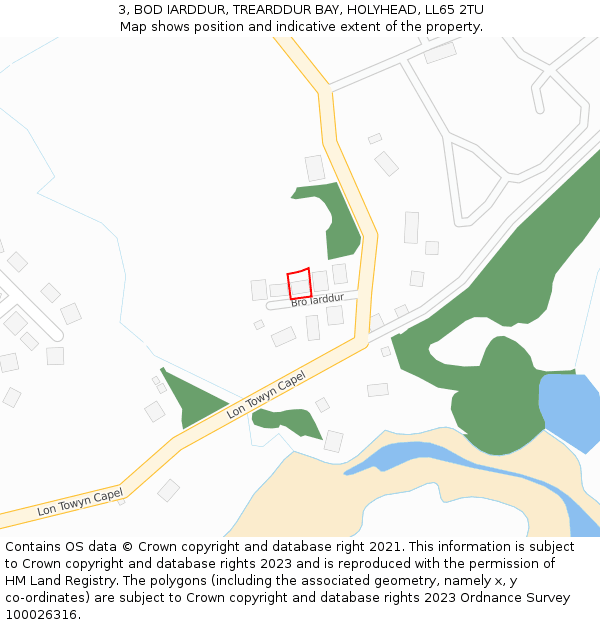 3, BOD IARDDUR, TREARDDUR BAY, HOLYHEAD, LL65 2TU: Location map and indicative extent of plot