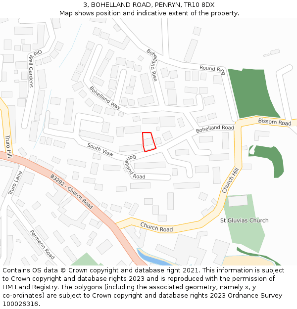 3, BOHELLAND ROAD, PENRYN, TR10 8DX: Location map and indicative extent of plot