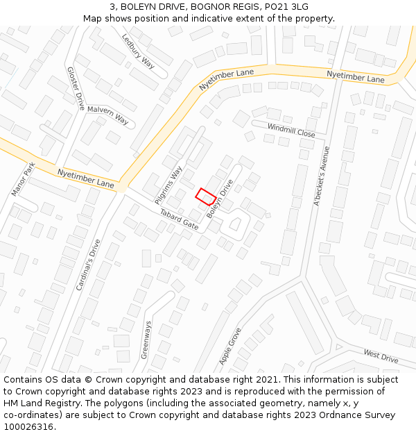 3, BOLEYN DRIVE, BOGNOR REGIS, PO21 3LG: Location map and indicative extent of plot