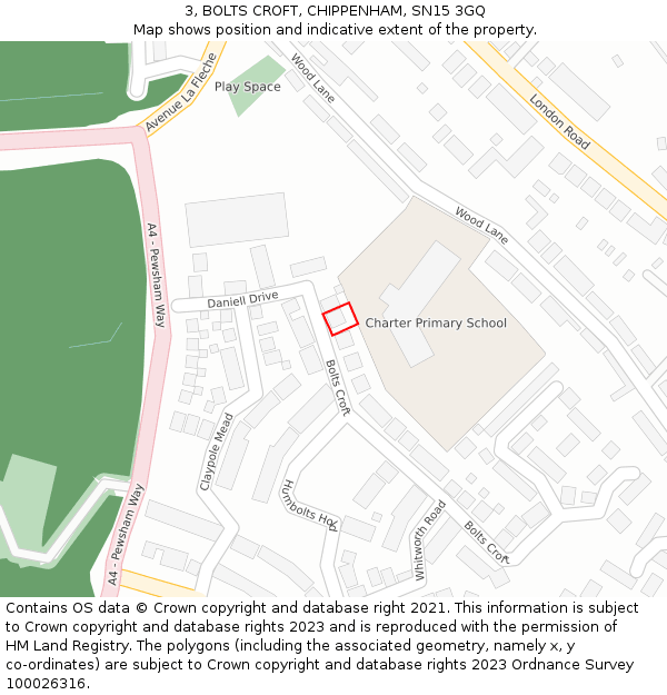 3, BOLTS CROFT, CHIPPENHAM, SN15 3GQ: Location map and indicative extent of plot