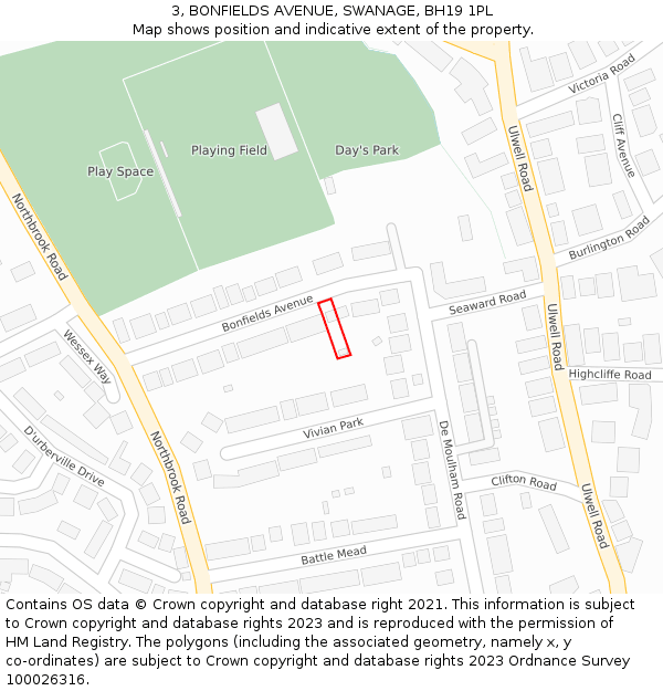 3, BONFIELDS AVENUE, SWANAGE, BH19 1PL: Location map and indicative extent of plot