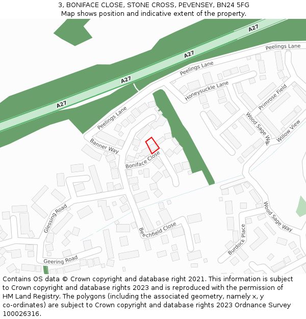 3, BONIFACE CLOSE, STONE CROSS, PEVENSEY, BN24 5FG: Location map and indicative extent of plot