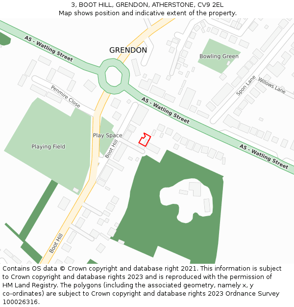 3, BOOT HILL, GRENDON, ATHERSTONE, CV9 2EL: Location map and indicative extent of plot