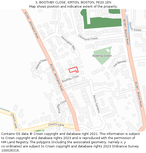 3, BOOTHBY CLOSE, KIRTON, BOSTON, PE20 1EN: Location map and indicative extent of plot