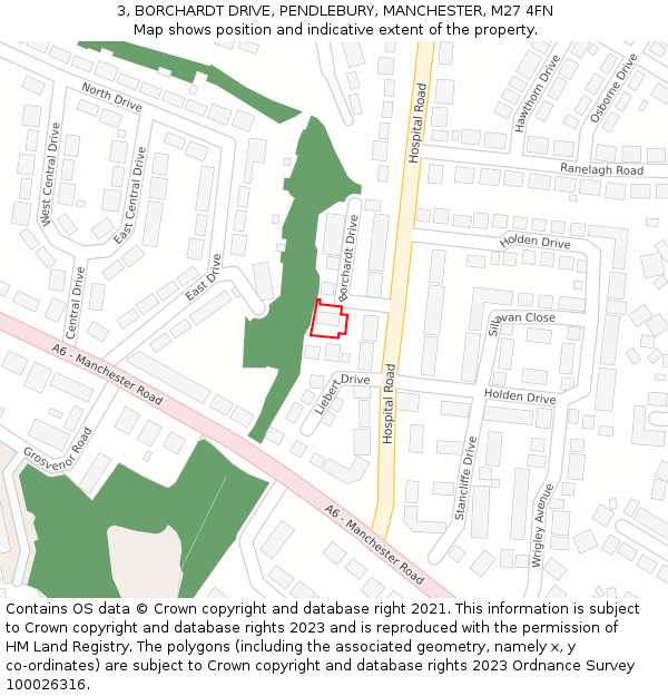 3, BORCHARDT DRIVE, PENDLEBURY, MANCHESTER, M27 4FN: Location map and indicative extent of plot