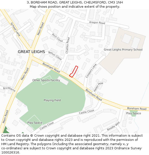 3, BOREHAM ROAD, GREAT LEIGHS, CHELMSFORD, CM3 1NH: Location map and indicative extent of plot