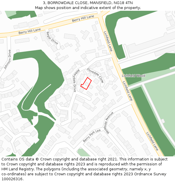 3, BORROWDALE CLOSE, MANSFIELD, NG18 4TN: Location map and indicative extent of plot
