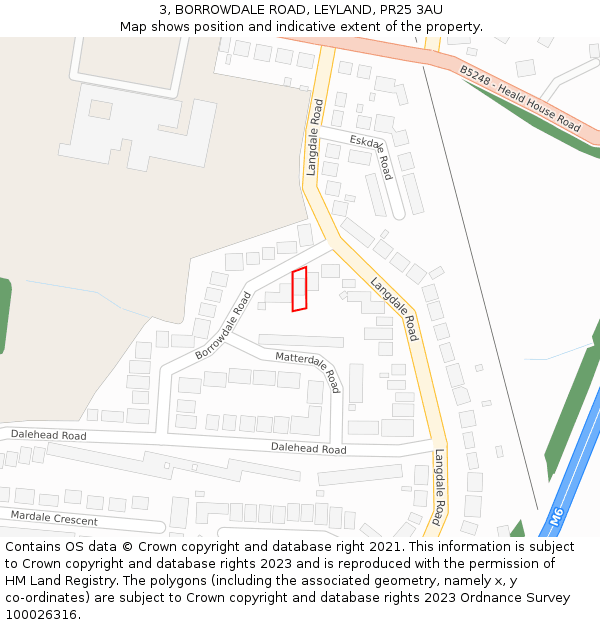 3, BORROWDALE ROAD, LEYLAND, PR25 3AU: Location map and indicative extent of plot