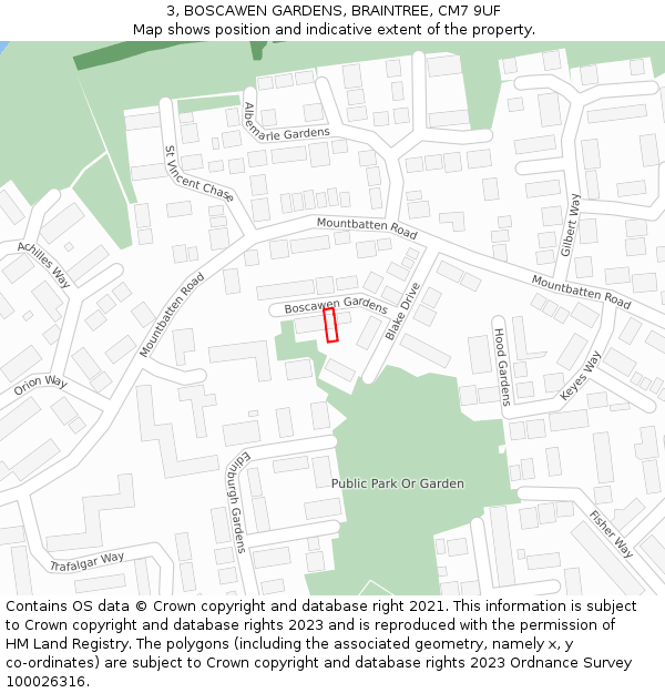 3, BOSCAWEN GARDENS, BRAINTREE, CM7 9UF: Location map and indicative extent of plot