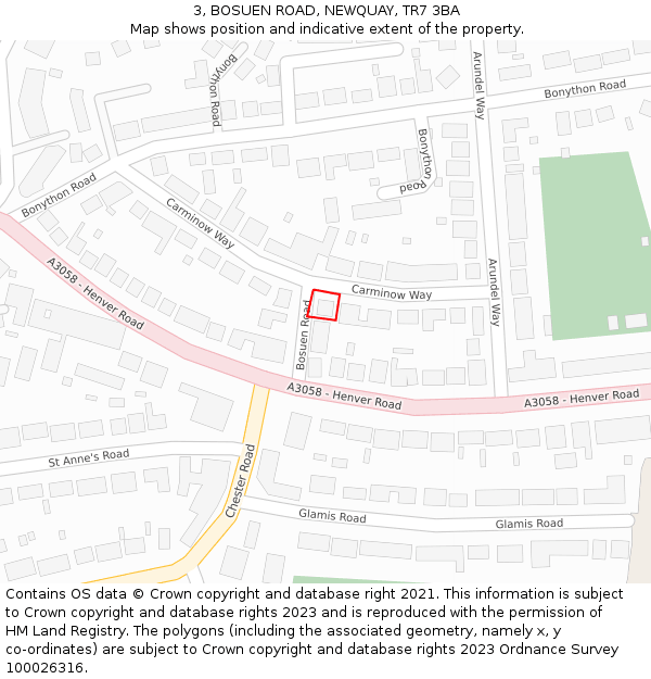 3, BOSUEN ROAD, NEWQUAY, TR7 3BA: Location map and indicative extent of plot