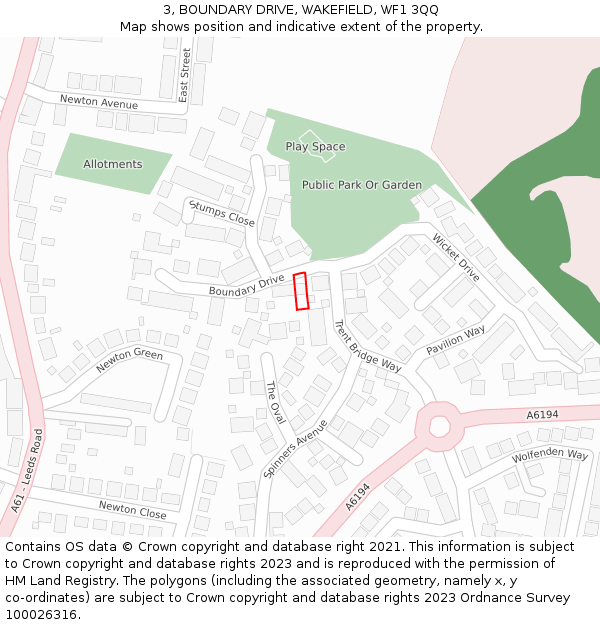 3, BOUNDARY DRIVE, WAKEFIELD, WF1 3QQ: Location map and indicative extent of plot