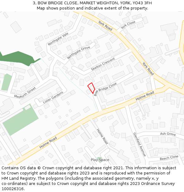 3, BOW BRIDGE CLOSE, MARKET WEIGHTON, YORK, YO43 3FH: Location map and indicative extent of plot