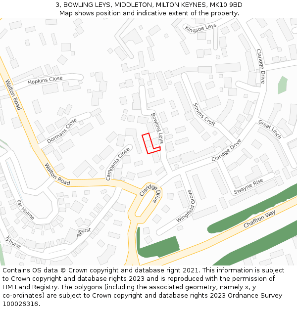 3, BOWLING LEYS, MIDDLETON, MILTON KEYNES, MK10 9BD: Location map and indicative extent of plot