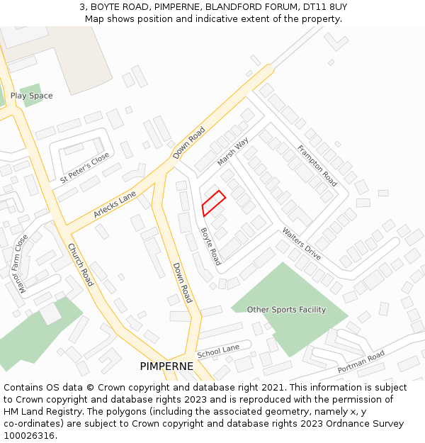 3, BOYTE ROAD, PIMPERNE, BLANDFORD FORUM, DT11 8UY: Location map and indicative extent of plot