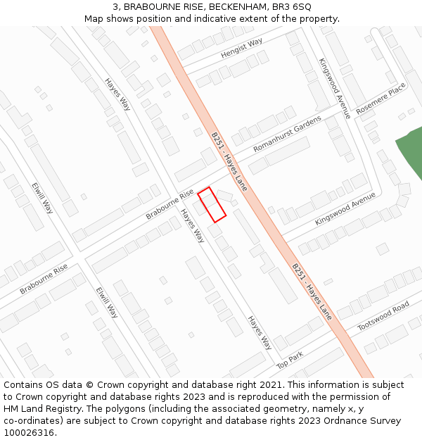 3, BRABOURNE RISE, BECKENHAM, BR3 6SQ: Location map and indicative extent of plot