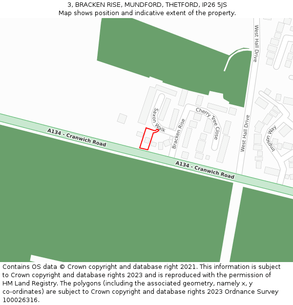 3, BRACKEN RISE, MUNDFORD, THETFORD, IP26 5JS: Location map and indicative extent of plot