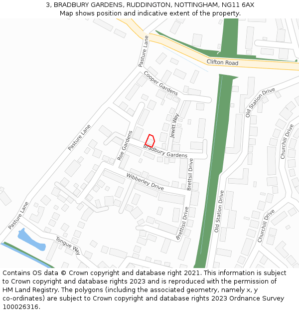 3, BRADBURY GARDENS, RUDDINGTON, NOTTINGHAM, NG11 6AX: Location map and indicative extent of plot