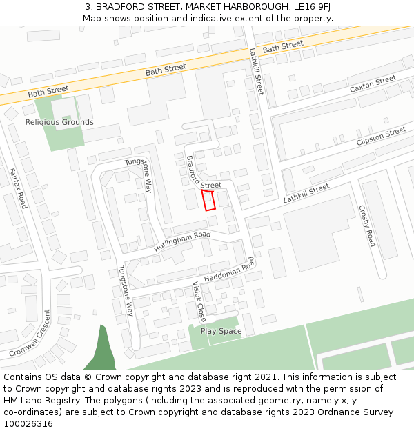 3, BRADFORD STREET, MARKET HARBOROUGH, LE16 9FJ: Location map and indicative extent of plot